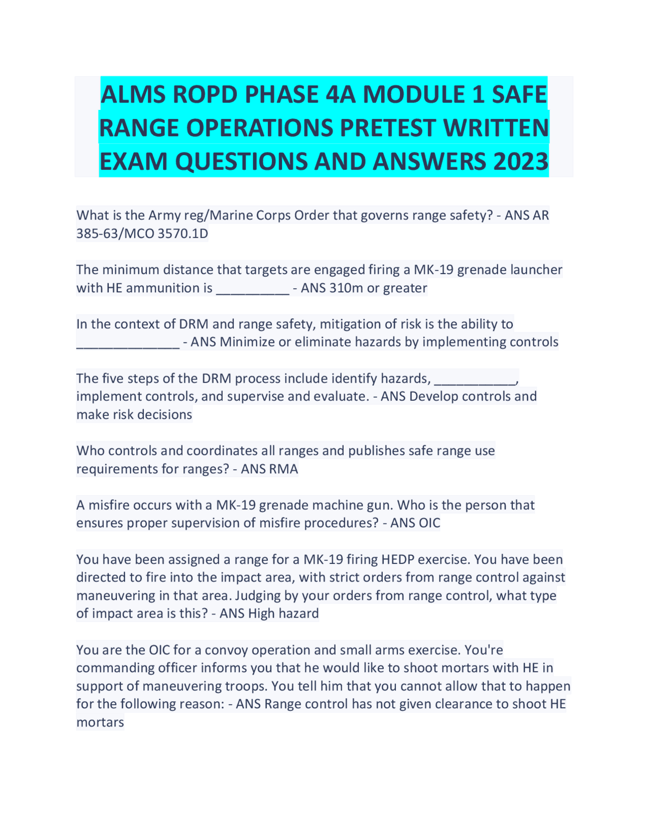 ALMS ROPD Phase 4A Module 1 Safe Range Operations Pretest Written Exam 2023 Exams Business Administration Docsity