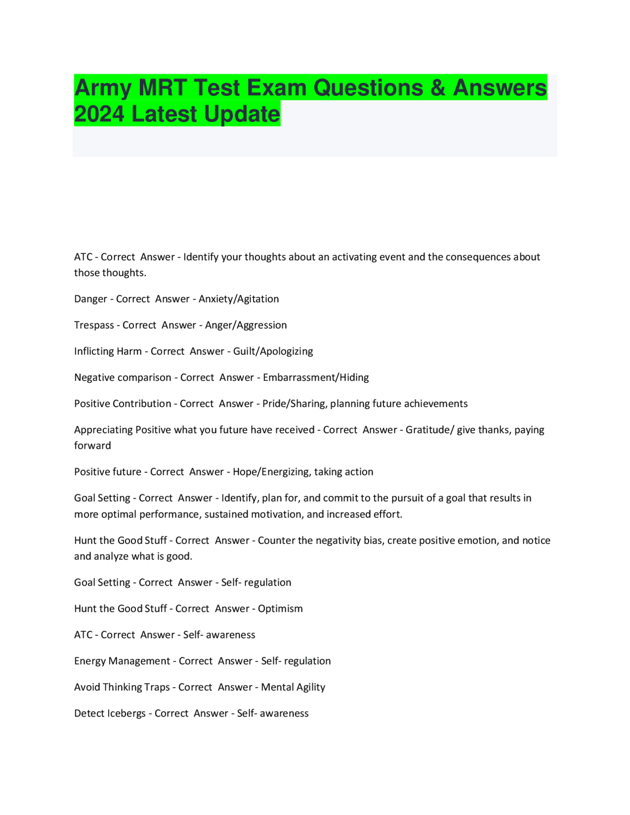 Army MRT Test Exam Questions Answers 2024 Latest Update Exams Military Strategy And Training Docsity