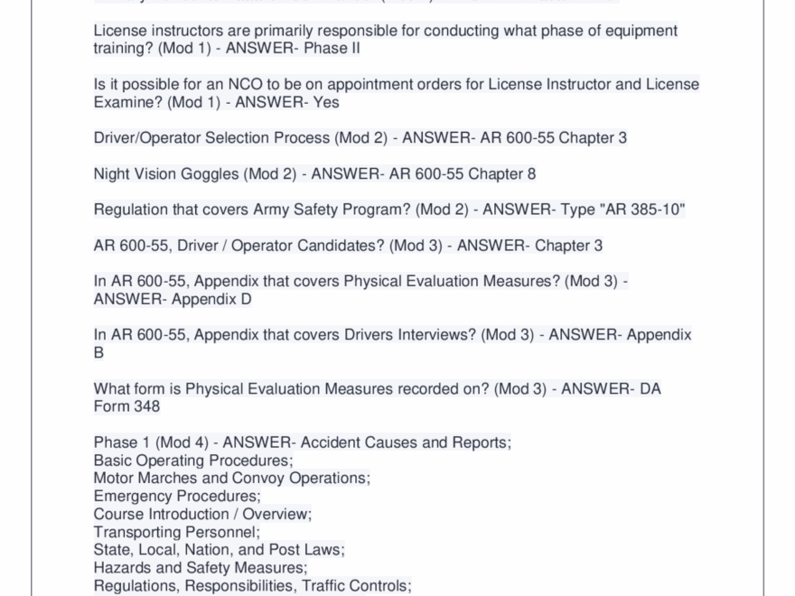 Army Vehicle Training Questions And Answers For LI LE Course Exams Military Leadership Docsity
