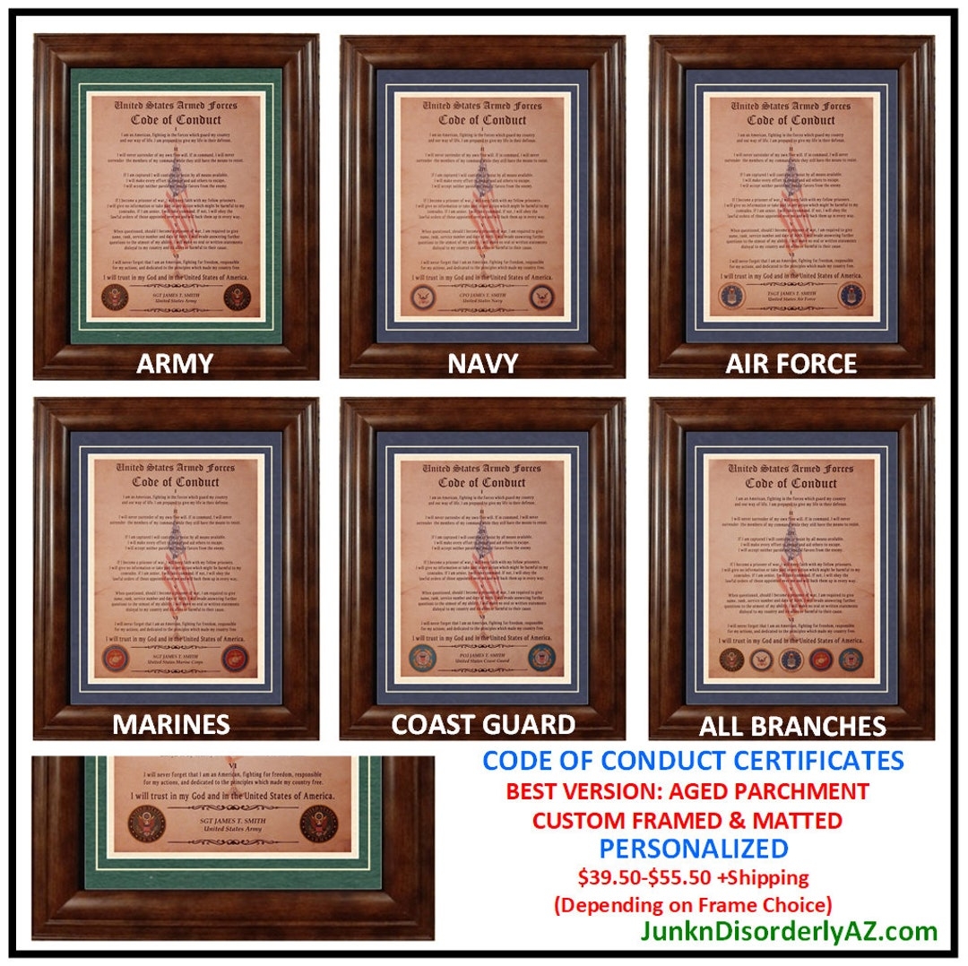 BEST U S Military Code Of Conduct All Branches Army Navy Air Force Marines Coast Guard Framed Matted PERSONALIZED Etsy