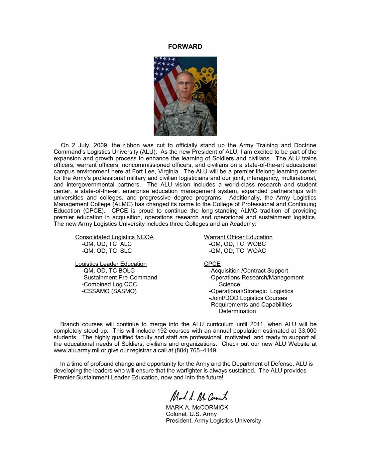 FORWARD Army Logistics University U S Army