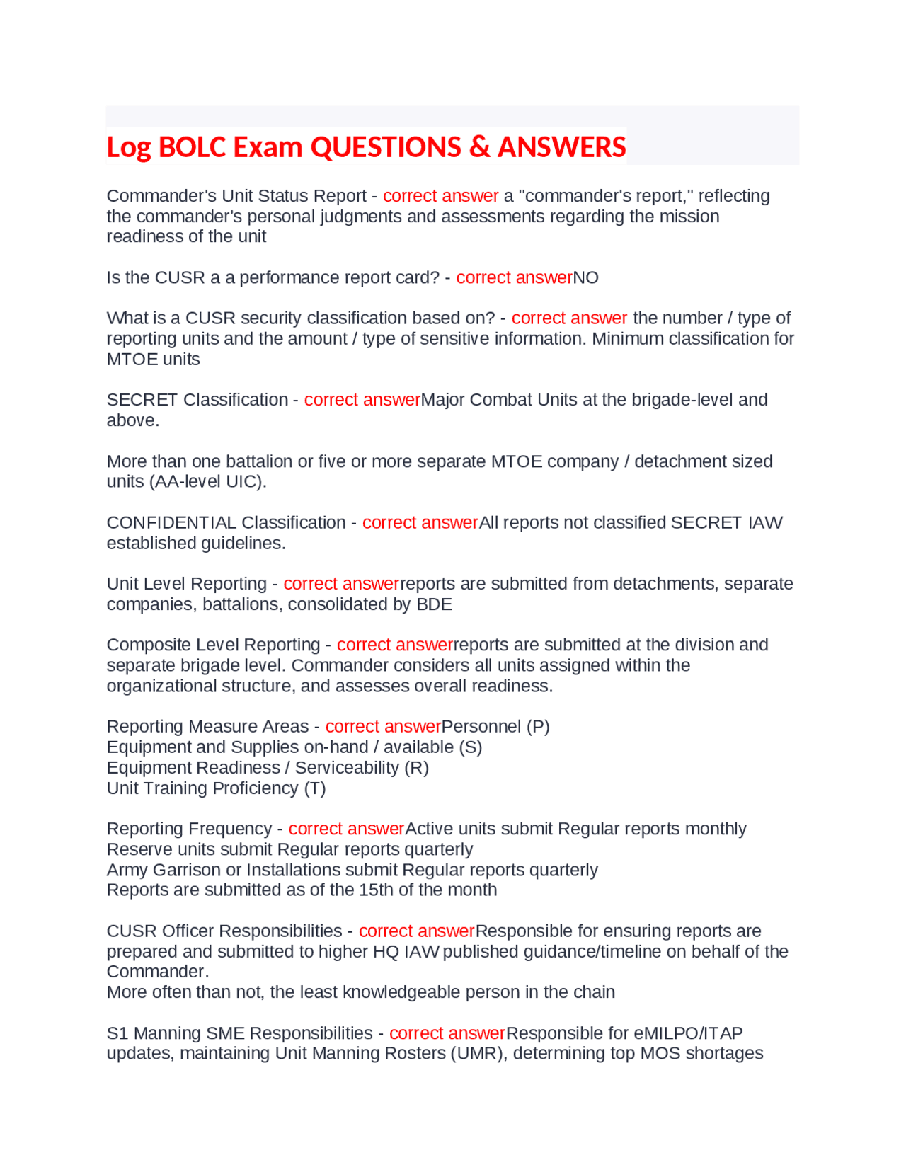 Log BOLC Exam QUESTIONS ANSWERS Log BOLC Exam QUESTIONS ANSWERS Exams Nursing Docsity
