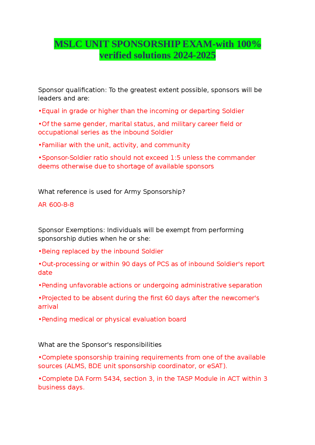 MSLC UNIT SPONSORSHIP EXAM with 100 Verified Solutions 2024 2025 Exams Advanced Education Docsity
