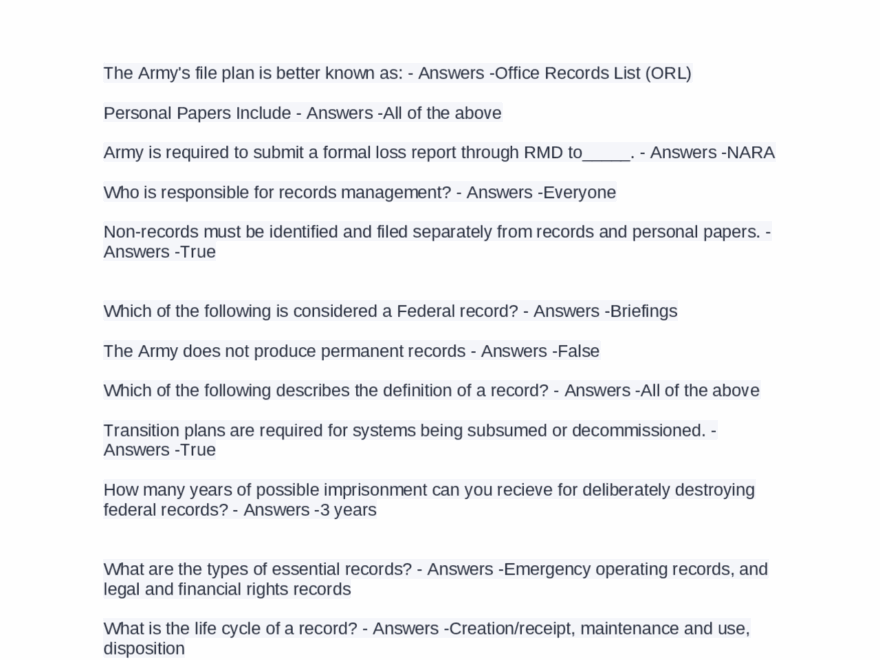 Records Management Training Course Army ALMS Exam Questions And Answers Exams Advanced Education Docsity