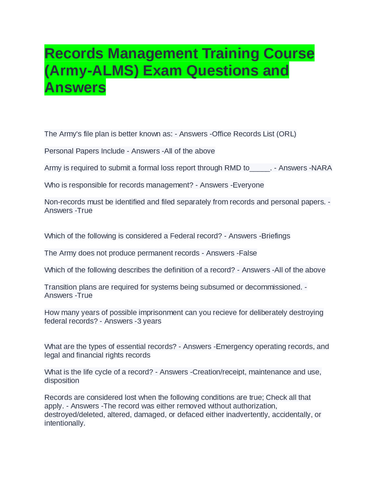 Records Management Training Course Army ALMS Exam Questions And Answers Exams Advanced Education Docsity