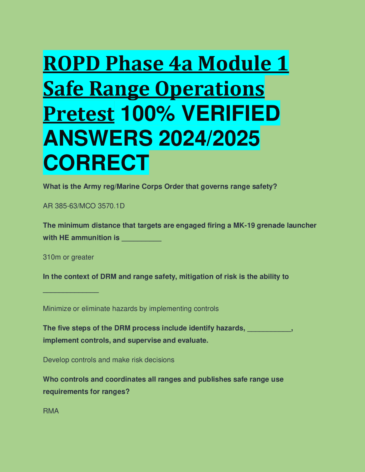 ROPD Phase 4a Module 1 Safe Range Operations Pretest 100 VERIFIED ANSWERS 2024 2025 COR Exams Business Administration Docsity
