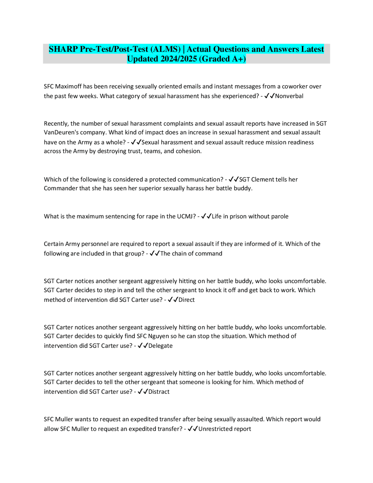 SHARP Pre Test Post Test ALMS Actual Questions And Answers Latest Updated 2024 2025 G Exams Law Docsity
