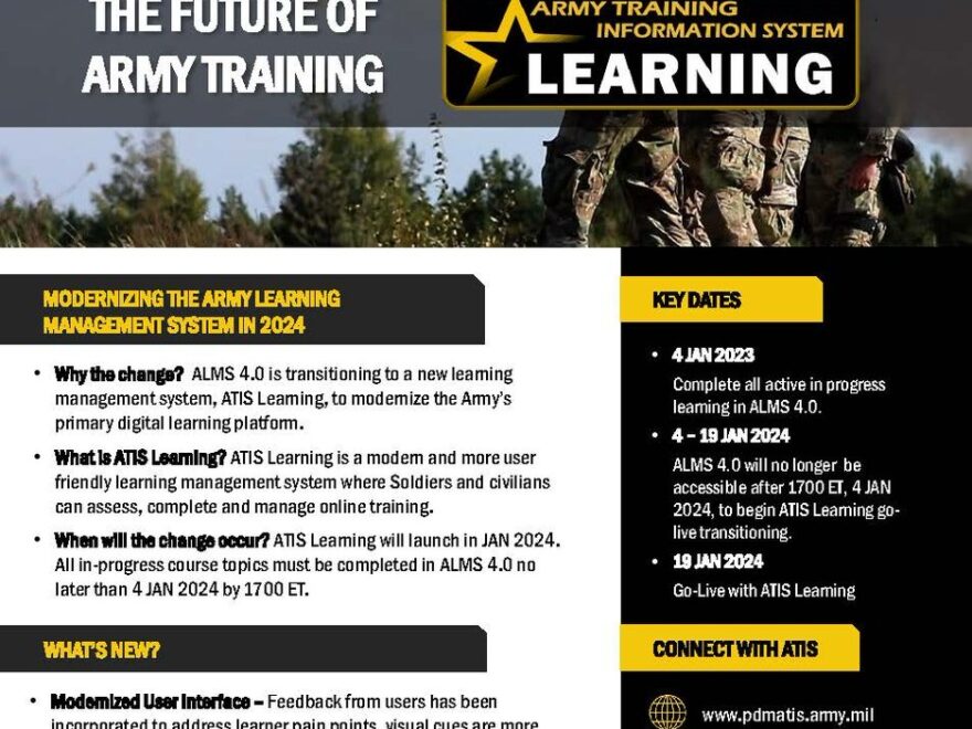 U S ArmyRetention On X Hot Off The Press The Army Learning Management System ALMS Will Be Transitioning To A New Learning System Army Training Information ATIS Learning In January 2024 It Is Important To Complete All Active In Progress Learning