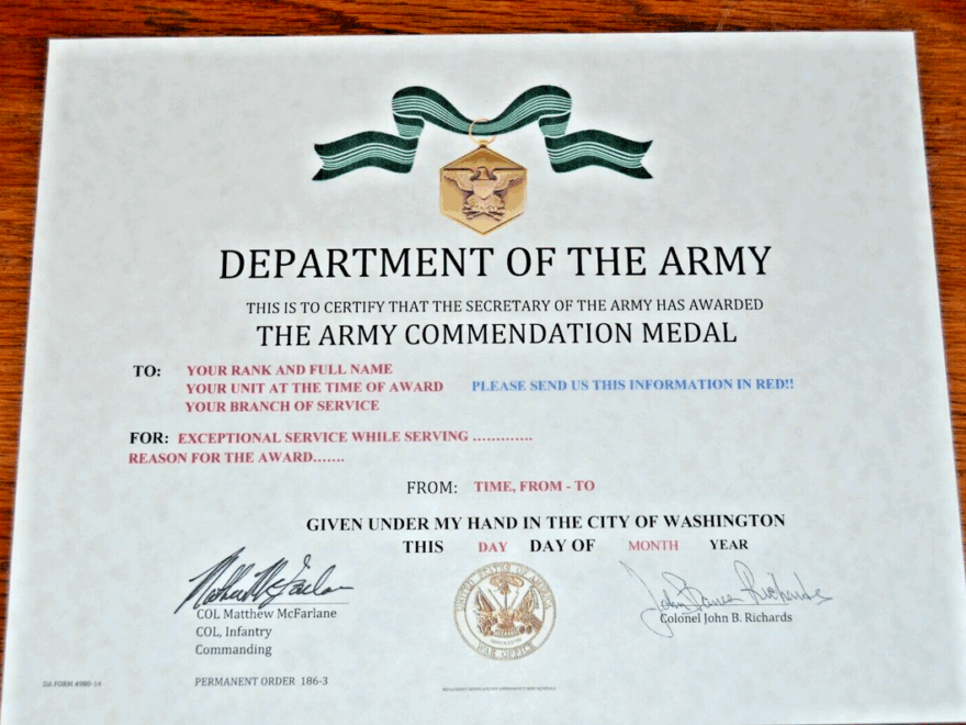 United States Army Commendation Medal Certificate Not Embossed ARCOM EBay