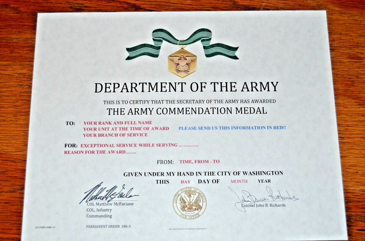 United States Army Commendation Medal Certificate Not Embossed ARCOM EBay